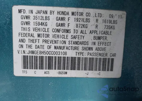 2012 Honda Fit Sport из США, поврежденный, VIN JHMGE8H50CC003108